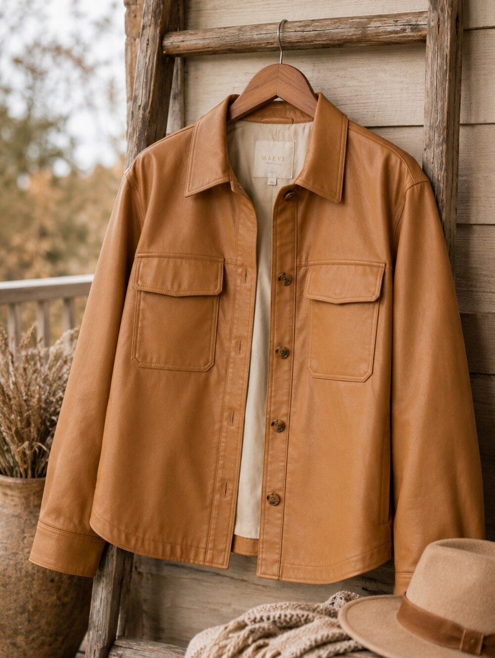 Anthropologie Maeve Faux Leather Shacket Camel Tan Button Front Jacket NWT Large - Picture 1 of 16